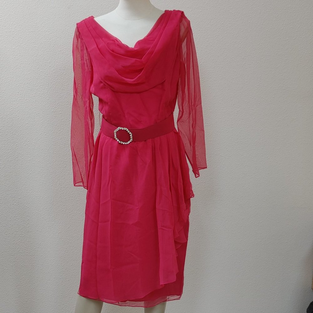 NAH NAH COLLECTION BELTED PINK DRESS SIZE 12 WITH SHEER LONG SLEEVE